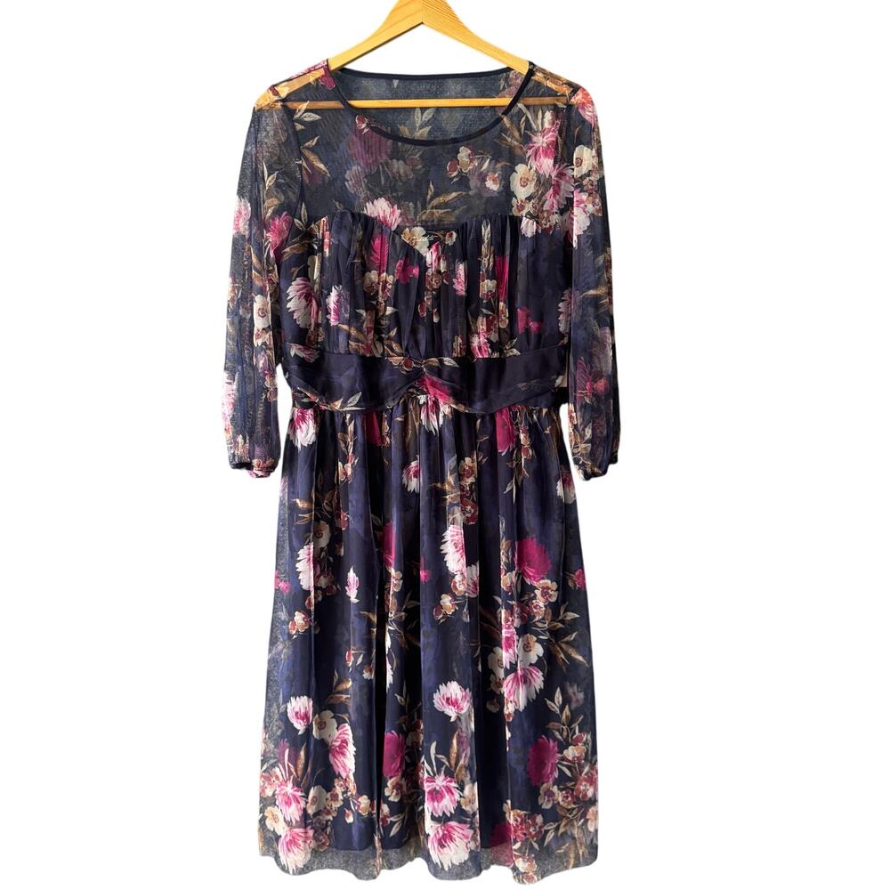 Candalite‎ Dress Women L Blue Floral Semi Sheer Midi Wedding Guest Cottagecore